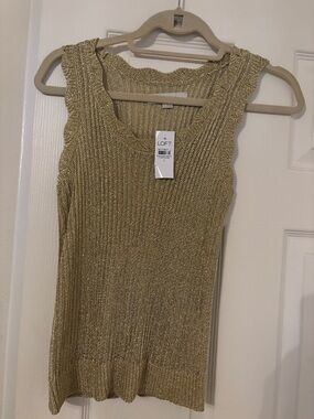 LOFT Metallic Gold Scoop Neck Knit Tank Sweater